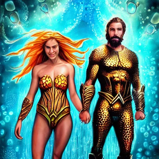 Image similar to intricate five star portrait of aquaman as a jellyfish man and his wife as jellyfish woman, oil on canvas, hdr, high detail, photo realistic, hyperrealism, matte finish, high contrast, 3 d depth, centered, masterpiece, vivid colors, enhanced light effect, enhanced eye detail, artstationhd