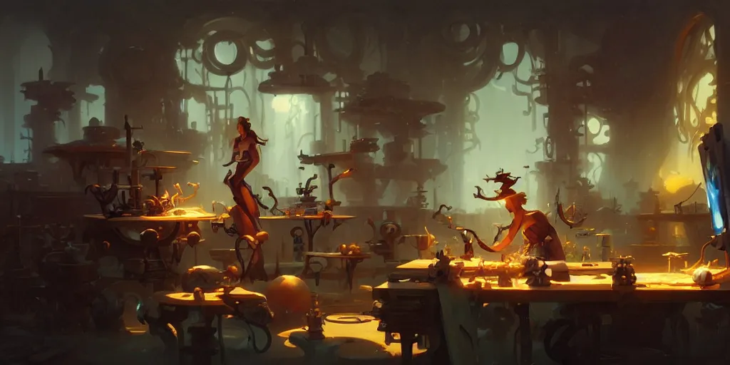 Prompt: The Glyph Maker’s Workshop, by Peter Mohrbacher and Andreas Rocha and Craig Mullins
