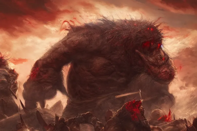 Prompt: concept art of attacking of face detailing huge red burning ogre with one horn on its head and tiny warrior, cinematic, dramatic perspective art station trending, by arthur braginsky