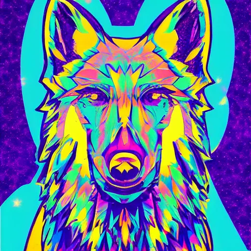 Image similar to a crystal wolf in front of a full moon, pop art, high definition