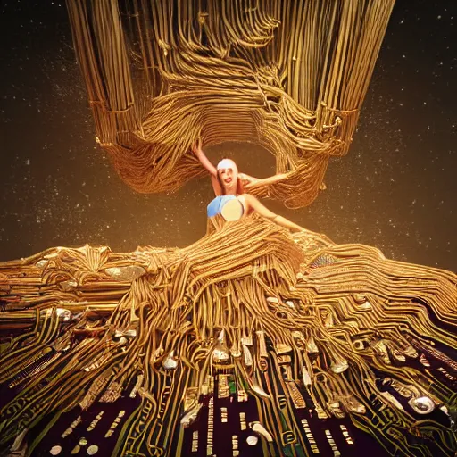 Image similar to tapping in to something greater, piles of modular synth cables, goddess laying down wearing a big headpiece made of circuit boards in a photo shoot for balenziaga, wlop, stanley kubrick, masamune, unique perspective, eastman color, perfect details, trending on artstation, 3 d render, smooth render, wlop