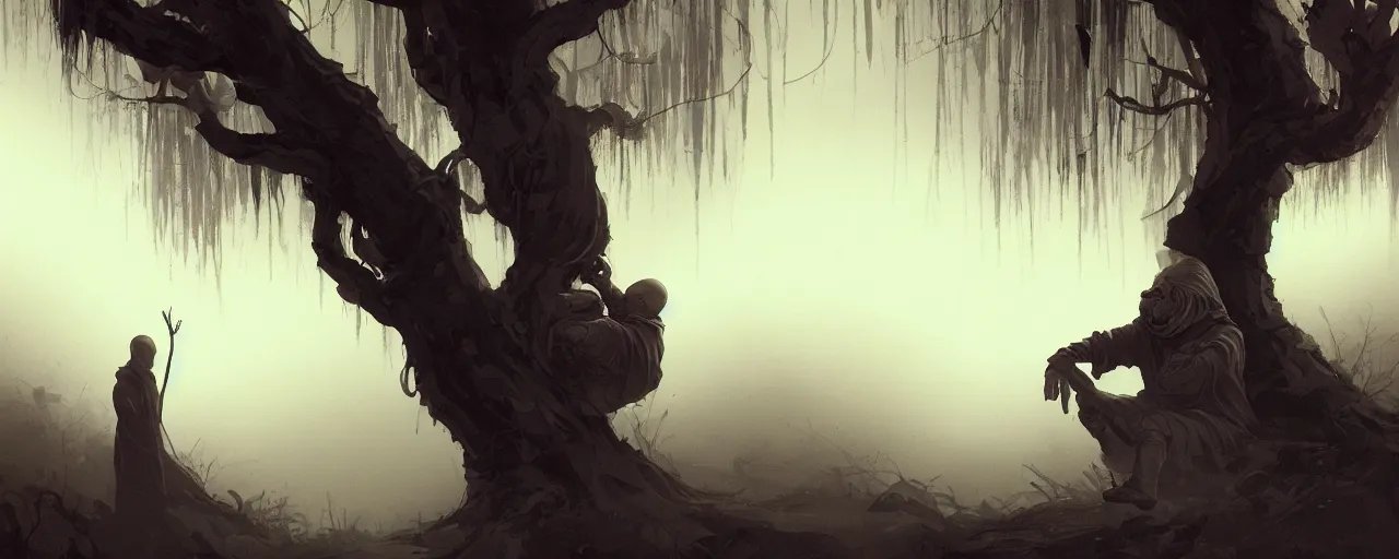 Image similar to duotone noir illustration close up of bald merchant demon sitting below willow tree in medieval brown tunic. foggy evening. dark dream atmosphere with volumetric hellish lighting, by sachin teng and sergey kolesov and ruan jia and heng z. graffiti art, scifi, fantasy, hyper detailed. octane render. concept art. trending on artstation