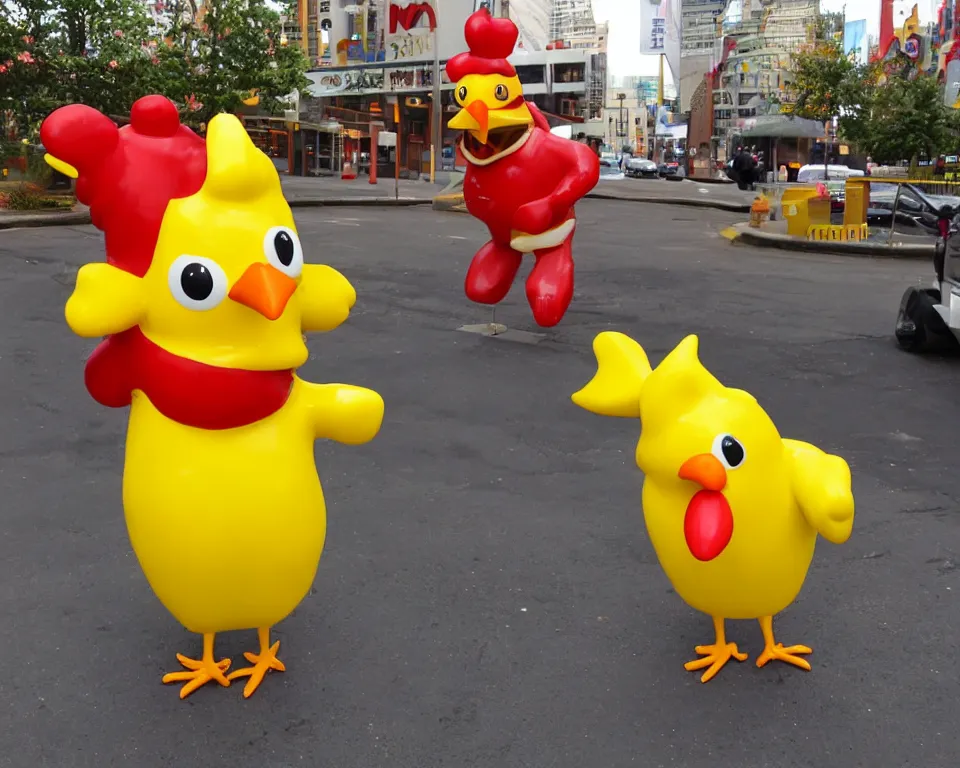 Image similar to the chicken mascot is outside of mcdonald's. it is a yellow chicken with a red mcdonald's hat on its head.