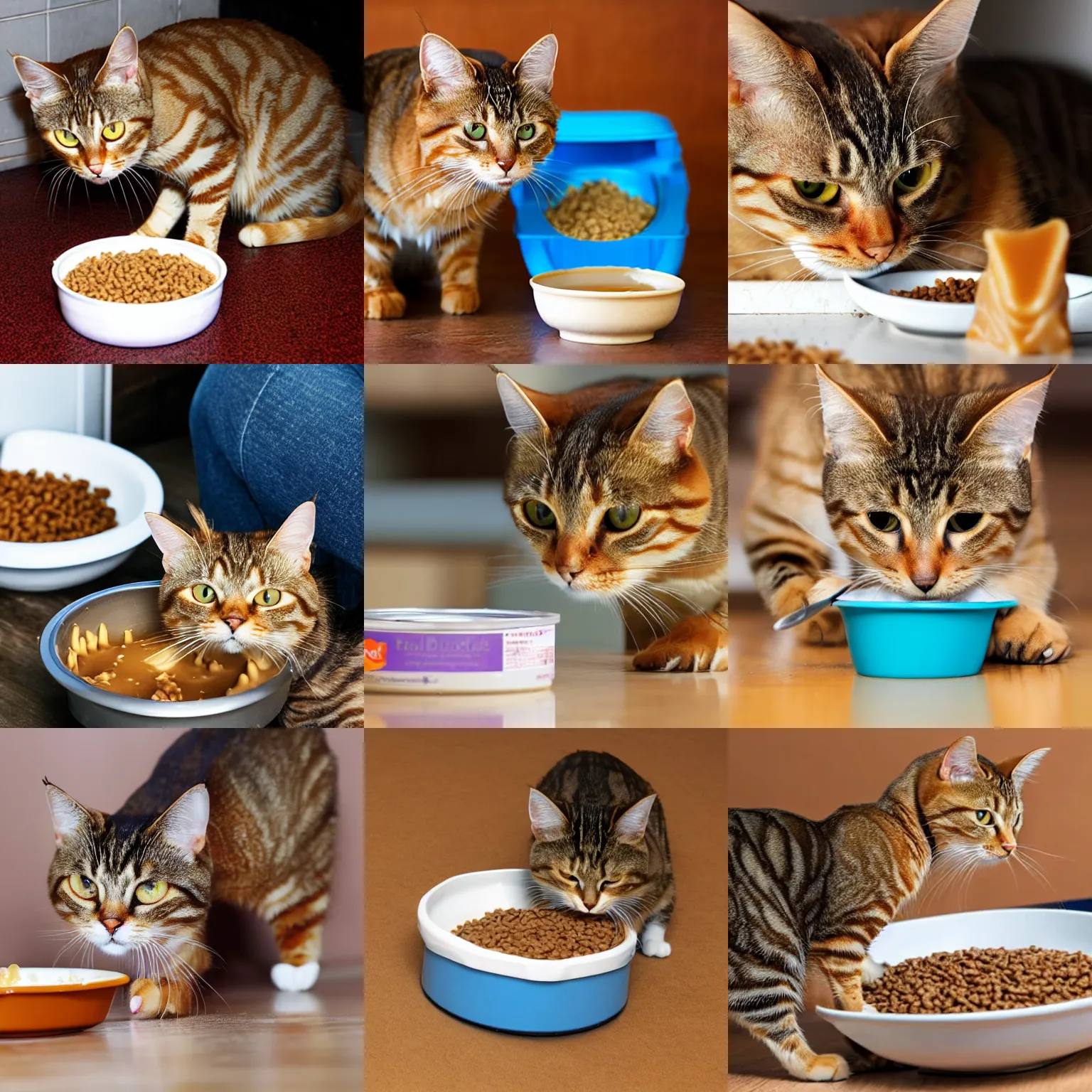 Prompt: caramel tabby cat eating wet cat food from his bowl