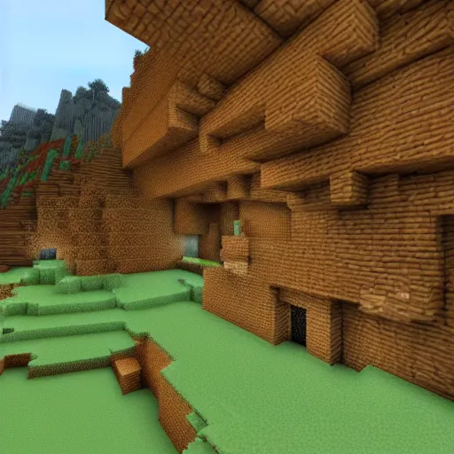 Image similar to a giant house in a giant cave in minecraft, realistic lighting, blocky voxel style