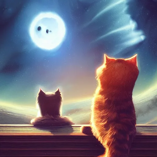 Prompt: cat sitting on a bench watching a black hole in the sky during day, highly detailed, warm colors, artstation, concept art, sharp focus, illustration, octane render, award winning, masterpiece, art by studio 4