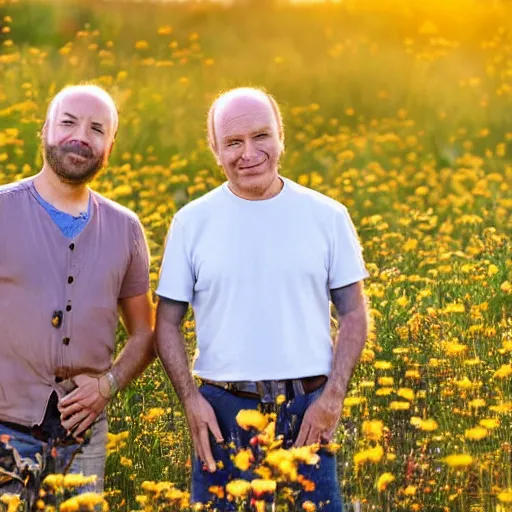 Image similar to a man is white and balding, and middle aged, and the other man is latino and skinny, together in a field of flowers at sunset, realistic, intricate, 4k