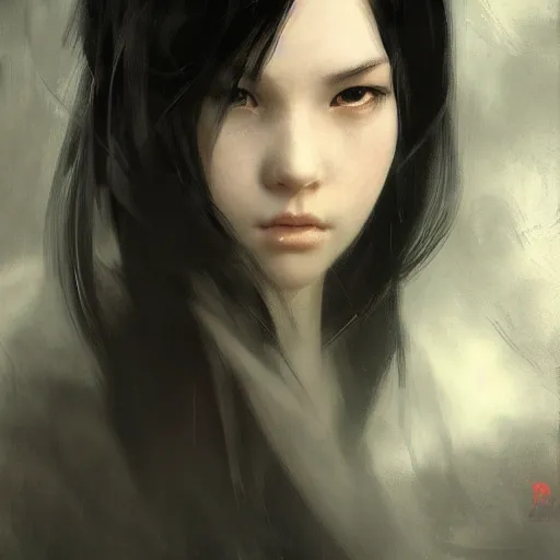 Image similar to a cute girl by ruan jia, closeup headshot, black long hair, black eyes, movie poster style