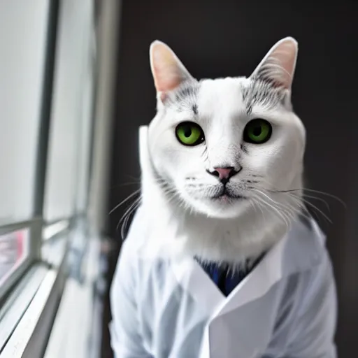 Image similar to a cat staring forward in concern wearing a lab coat