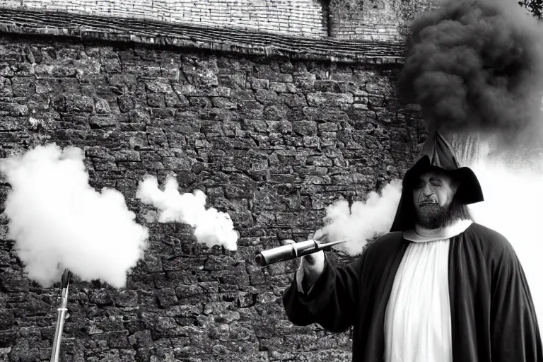 Prompt: a black and white photo of an Old knight from the Medieval era Vaping in front of a castle