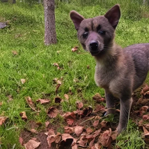 Image similar to trail cam footage of a anthropomorphic puppy smoking a cigar