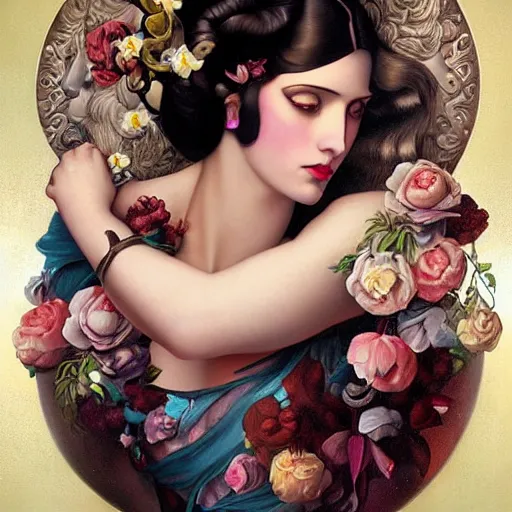 Image similar to dynamic composition, a painting of a woman with hair of flowers and raven plummage wearing ornate earrings, a surrealist painting by tom bagshaw and jacek yerga and tamara de lempicka and jesse king, featured on cgsociety, pop surrealism, surrealist, dramatic lighting, wiccan, pre - raphaelite, ornate gilded details