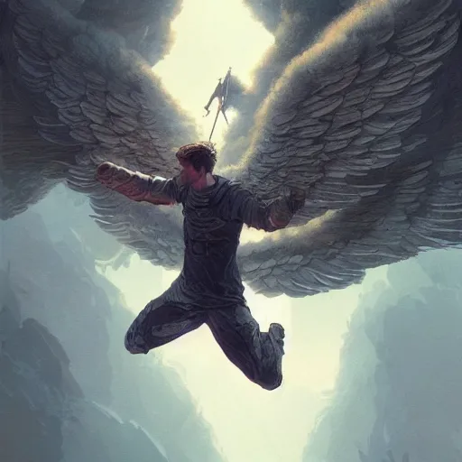 Image similar to guardian angel protecting man falling from a cliff, detailed intricate ink illustration, happy atmosphere, detailed illustration, hd, 4k, digital art, overdetailed art, by greg rutkowski, by loish, complementing colors, Trending on artstation, movie poster style