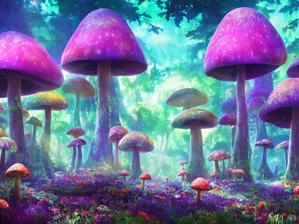 Image similar to a beautiful otherworldly fantasy landscape of giant luminous mushroom trees forming canopies over bright colorful mythical sprouted floral plants and colorful foliage on the ground, like alice in wonderland, extreme detail, studio ghibli and pixar and abzu, rendering, cryengine, deep color, blue and green and purple bioluminescent