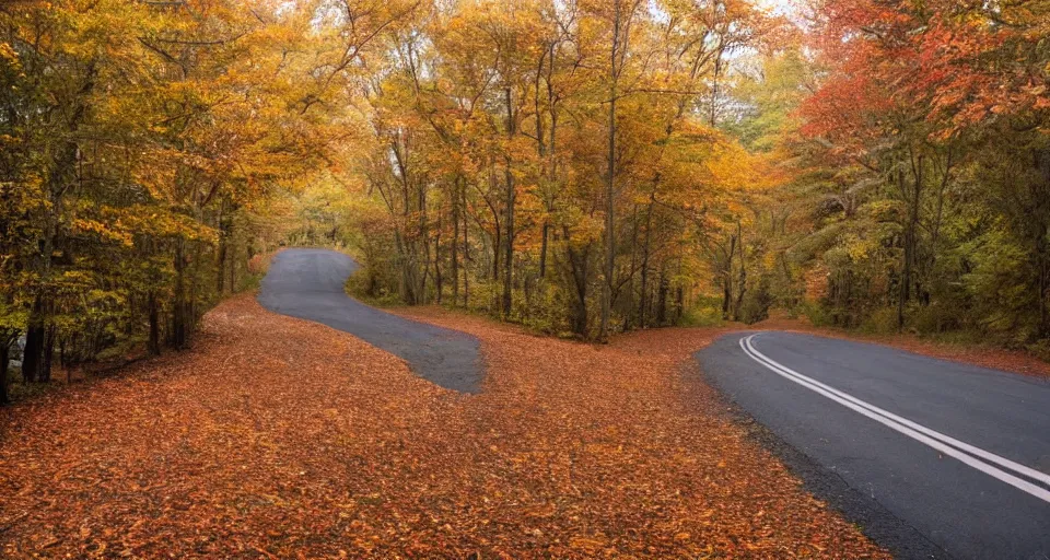 Prompt: a drive through a dreamy autumn north eastern twist and turn back road, with the windows down.
