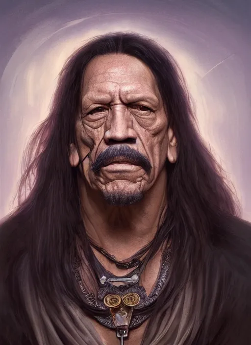 Image similar to Portrait of Danny Trejo, cloak, male, fantasy, extremely detailed, digital painting, artstation, concept art, smooth, sharp focus, illustration, stunning lighting, art by artgerm and greg rutkowski and alphonse mucha and simon stalenhag, realistic character concept, high fantasy, light atmosphere, golden ratio, cinematic lighting, hyperdetailed, high resolution, insanely detailed and intricate, artstation, Marc Simonetti, Greg Rutkowski, 8k