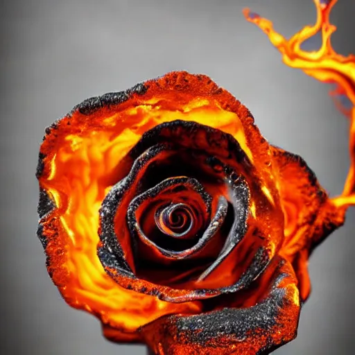 Image similar to award - winning macro of a beautiful black rose made of glowing molten magma