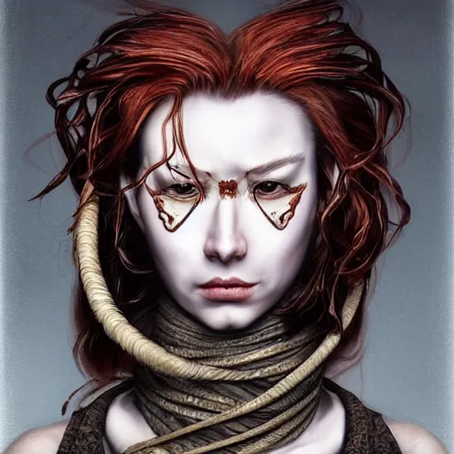 Image similar to portrait of a Shibari cable wrapped face and neck, headshot, insanely nice professional hair style, dramatic hair color, digital painting, of a old 17th century, old cyborg merchant, amber jewels, baroque, ornate clothing, scifi, realistic, hyperdetailed, chiaroscuro, concept art, art by Franz Hals and Jon Foster and Ayami Kojima and Amano and Karol Bak,