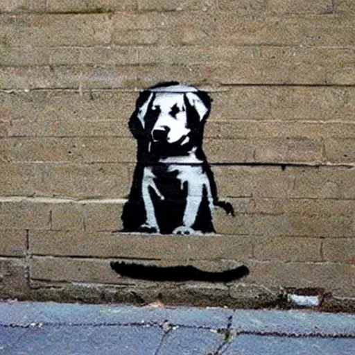 Prompt: banksy stencil graffiti of a dog in a trench