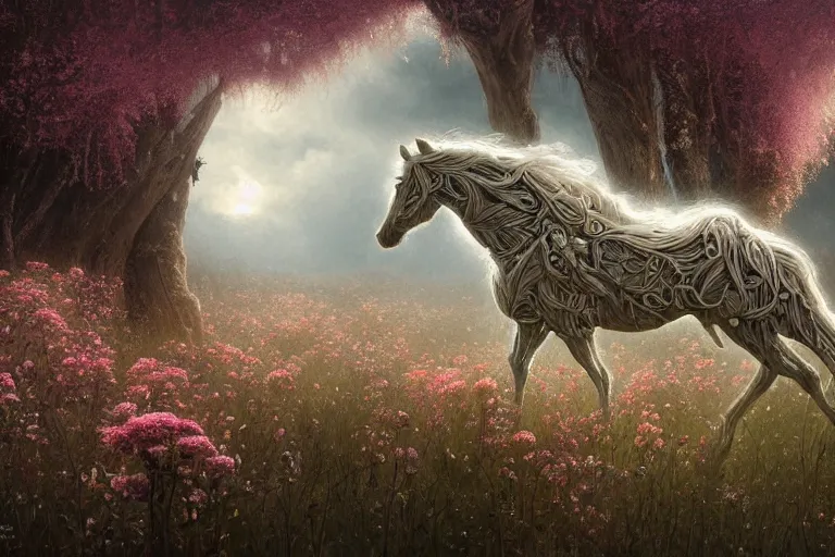 Prompt: a stunning digital painting of a horse made of intricately engraved gnarled wood with a mane of bioluminescent flowers standing in a field of flowers by greg rutkowski, flowercore, volumetric light, digital art, fine detail, photorealistic