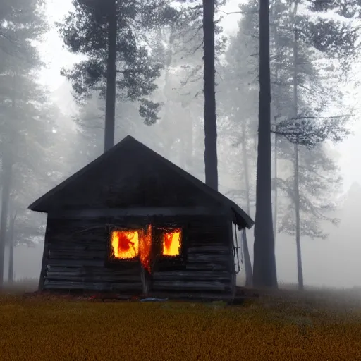 Image similar to burning cabin in the woods volumetric lighting foggy