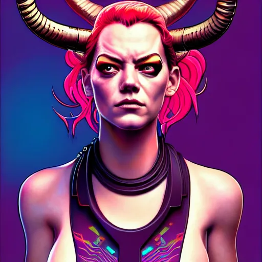 Prompt: portrait painting of a cyberpunk hacker muscular emma stone with two big horns on her head, sharp focus, award - winning, trending on artstation, masterpiece, highly detailed, intricate. art by josan gonzales and moebius and deathburger