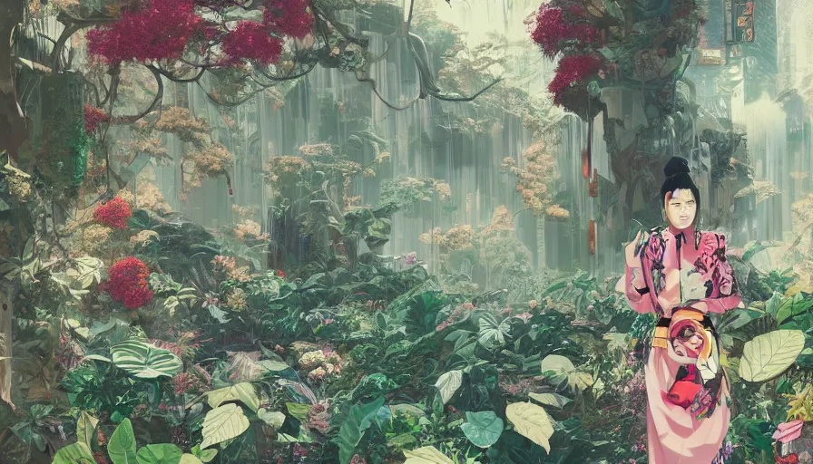 Prompt: a digital painting of a woman wearing gucci exploring a magical japanese temple, lush plants and flowers, eco - cyberpunk art by james jean, cgsociety, retrofuturism, anime aesthetic, chromatic, iridescent