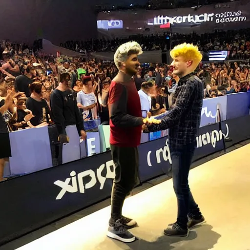 Image similar to twitch streamer Lirik & xQc shaking hands, bringing joy to the huge audience of pepe frogs behind them, realistic photograph, detailed