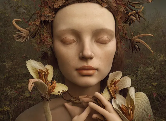 Image similar to a cinematic portrait of a beautiful female jointed handmade wooden doll, holding each other, abandoned, surrounded by big moths and withered lilies, by james c. christensen, by tomasz alen kopera, by raphael, 8 k, rendered in octane, cinematic, 3 d, volumetric lighting, highly detailed