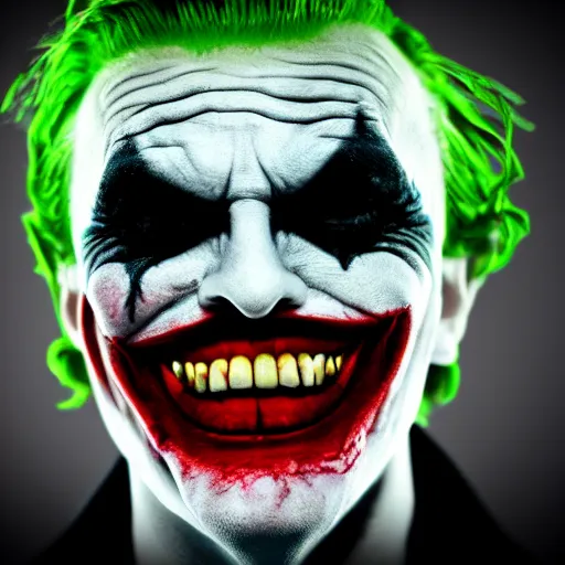 Image similar to joker, smiling, unnatural grin, horror, creepy, smoke, black, dark, glow