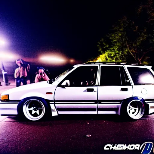 Prompt: 1990s subaru forester drift at illegal car meet, Chiba prefecture, city midnight mist lights, cinematic lighting, photorealistic, highly detailed wheels