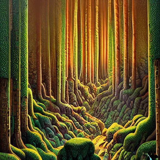 Image similar to an ancient futuristic druidic village in the woods, painting by jeffrey smith