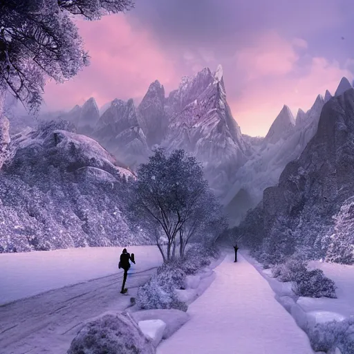 Prompt: Fantasy city in a snowy mountain path with a lonely figure approaching