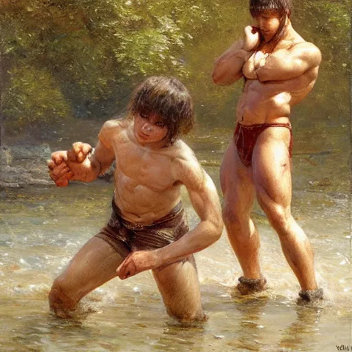 Image similar to young warriors wrestling by a river, playful, male, muscular, detailed face, gorgeous, amazing, muscular, intricate, highly detailed, painting by Gaston Bussiere, Craig Mullins