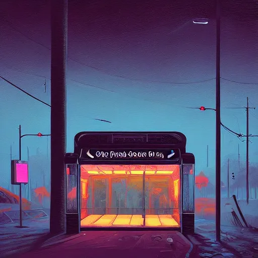 Image similar to dark room bus stop, painting by Dan Mumford and Filip Hodas,ArtStation