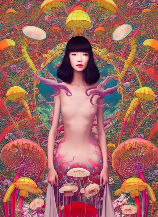 Image similar to pretty chinese model with hallucination mushroom : : by martine johanna and simon stalenhag and chie yoshii and casey weldon and wlop : : ornate, dynamic, particulate, rich colors, intricate, elegant, highly detailed, centered, vogue, harper's bazaar art, fashion magazine, smooth, sharp focus, octane render, 8 k