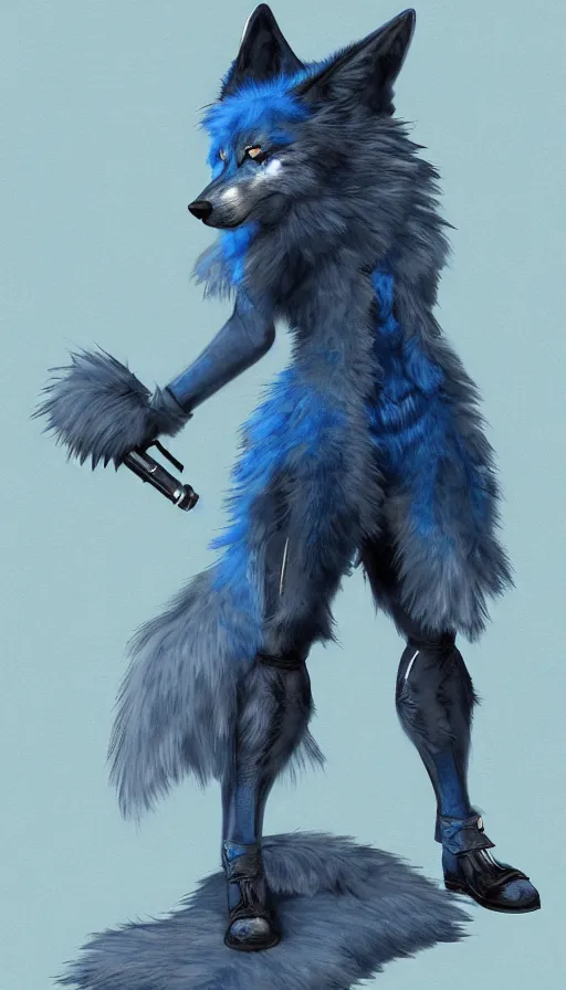 Prompt: dieselpunk blue wolf with fuzzy tail, concept art, dramatic, fantasy, pixiv