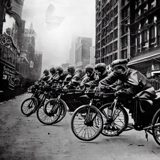 Image similar to old black and white photo, 1 9 1 3, depicting batcycle from dark knight rampaging through the bustling streets of new york city, rule of thirds, three - point perspective, historical record