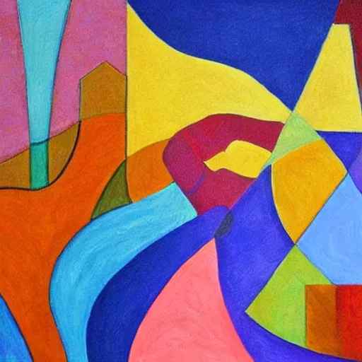 Image similar to woman weaves the colors, sounds and dreams of her community while listening to the river, abstract art in the style of cubism and georgia o keefe,