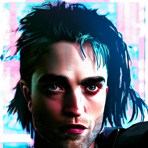 Image similar to robert pattinson portrait, Cyberpunk 2077, cyberpsycho, photorealistic, ultra detailed, neon, octane, bokeh, cyber, cyberpunk city, feature, scars, cyberface, 8k