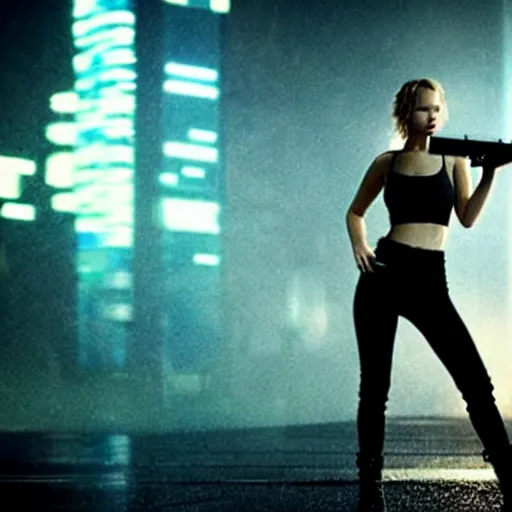 Prompt: jennifer lawrence in a cyberpunk movie in a distopic futuristic city in the style of bladerunner, wearing a cropped black tank top, sexy black shorts and black boots, firing a gun, muzzle flash, movie still, highly detailed, rainy night, volumetric lights, studio lighting, intense, scifi action scene, sharp focus, red color scheme