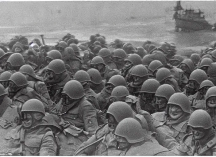 Prompt: minions storming the beaches of Normandy on d-day, world war 2 old photo, grainy