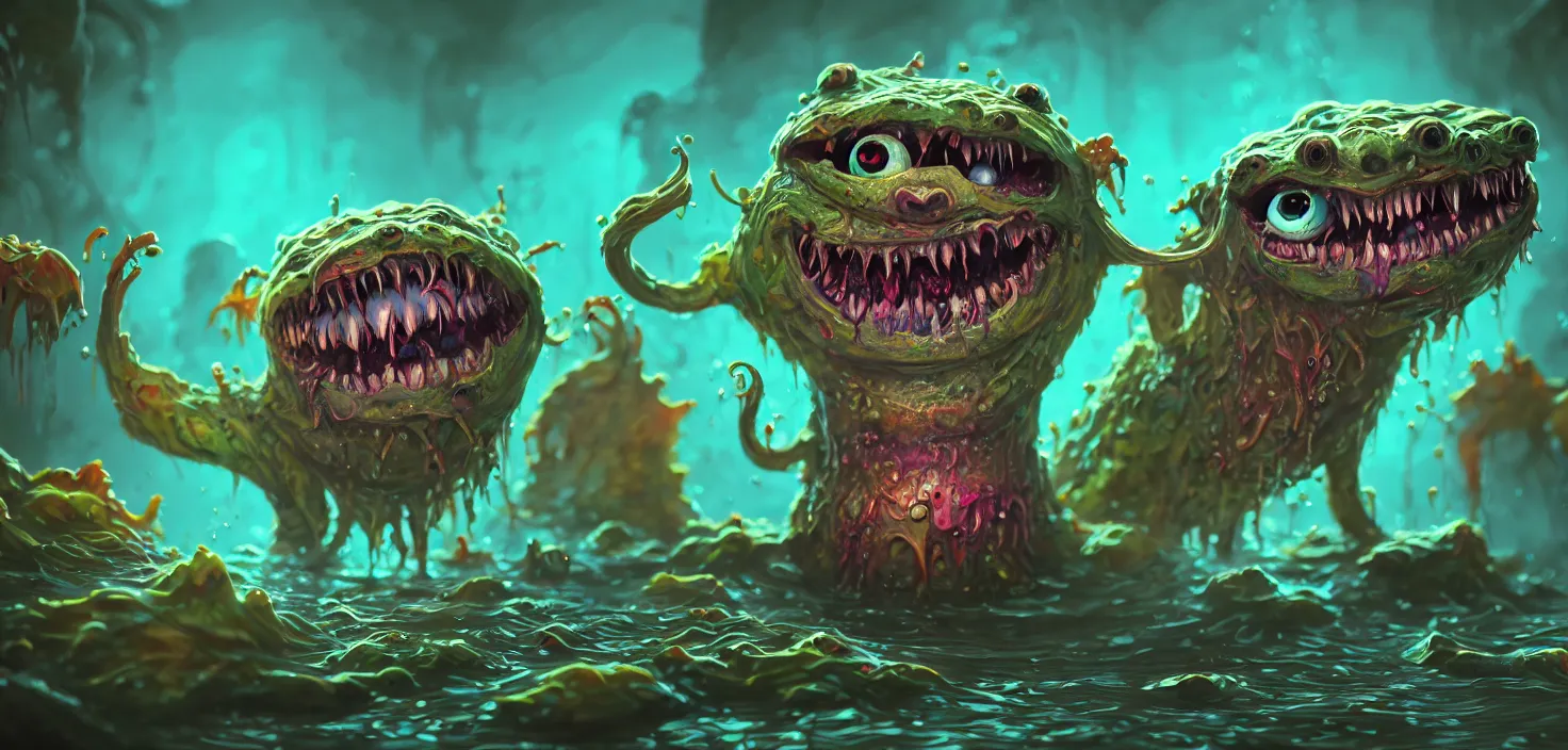 Prompt: intricate colourful murky with strange cute friendly angry crazy monsters with huge beauty eyes long tongue triangle teeth and scary face appearing from the water, in the style of craola, shallow depth of field, highly detailed, digital painting, trending artstation, concept art, illustration, cinematic lighting, vibrant colors, photorealism, epic, octane render