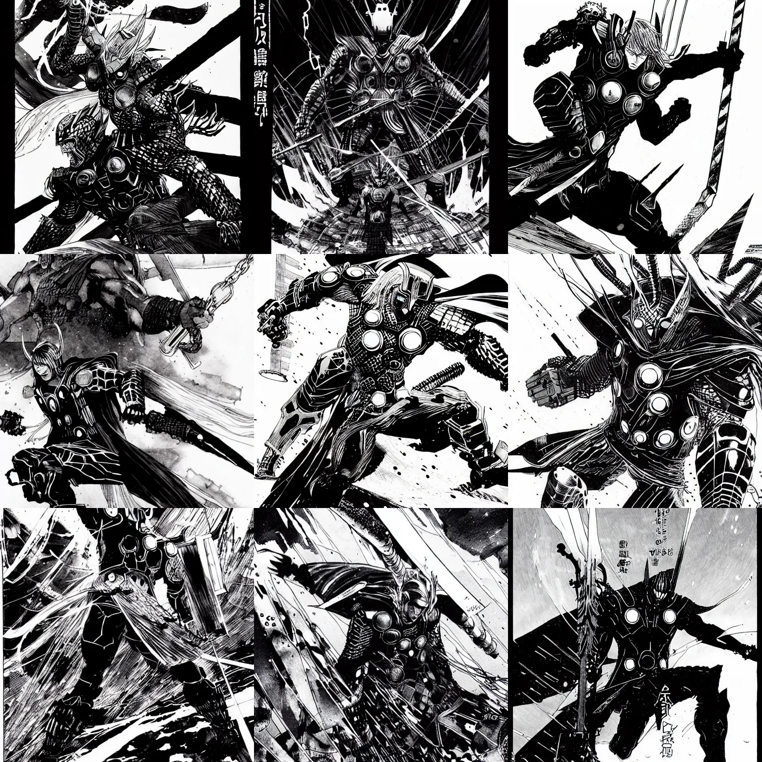 Prompt: thor in epic battle by tsutomu nihei