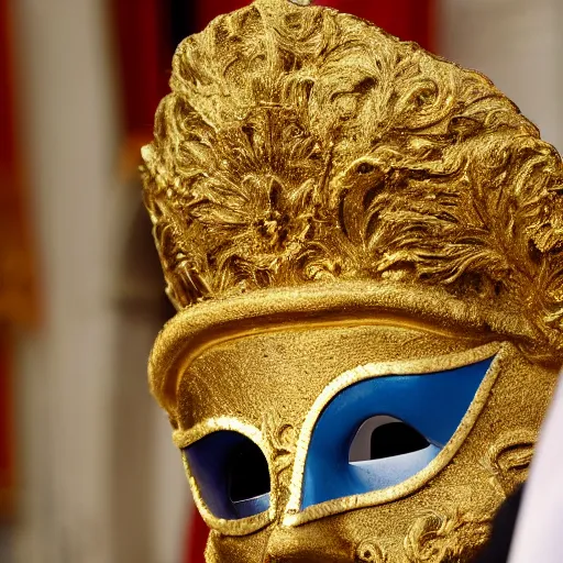 Prompt: Emmanuel Macron in Venice wearing a carnival mask , 150mm photography, high quality, 4K