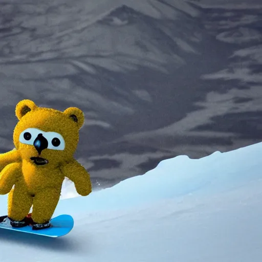 Prompt: teddy bear, snowboarding on a volcano with spongebob