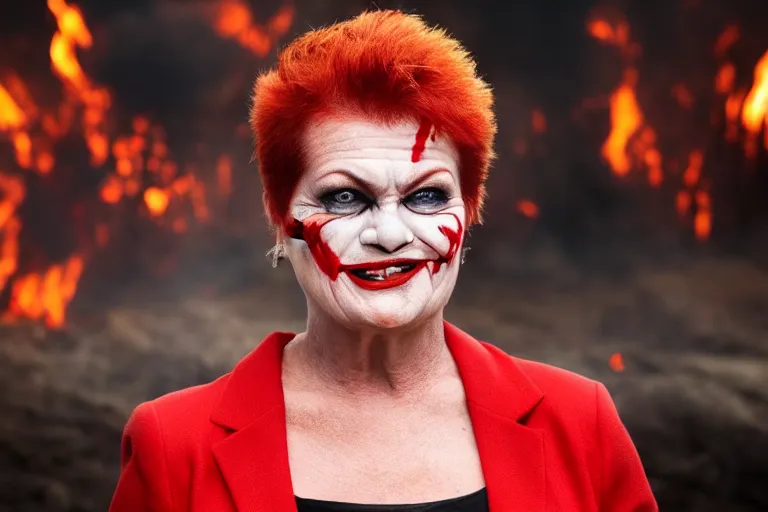 Image similar to Pauline Hanson with smudged red and white makeup like The Joker, standing in hell surrounded by fire and flames and bones and brimstone, portrait photography, depth of field, bokeh