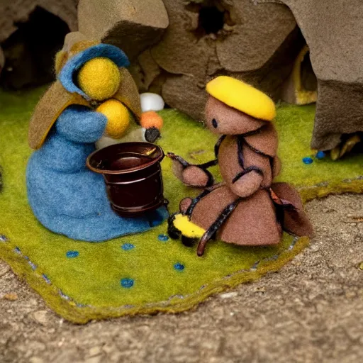 Image similar to an anthropomorphic stop motion little worker bee having a tea party with another worker at the entrance of their hive while on break, both are wearing victorian dresses, photography, felt, plush, yarn, high resolution, photorealistic, national geographic