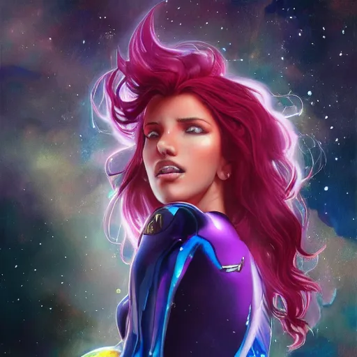 Image similar to ultra realistic illustration, bella thorne as starfire anime, intricate, elegant, highly detailed, digital painting, artstation, concept art, smooth, sharp focus, illustration, art by artgerm and greg rutkowski and alphonse mucha and wlop