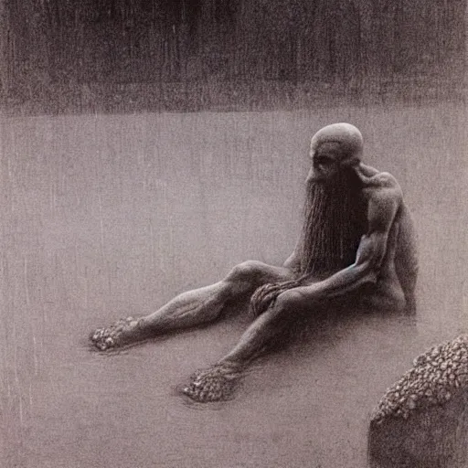 Image similar to a man sits at the edge of a river in the underworld in hades as he waits for the ferryman, charon, greek mythology, beksinski